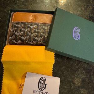 Goyard Black Patterned Canvas Card Holder with Brown Leather Trim